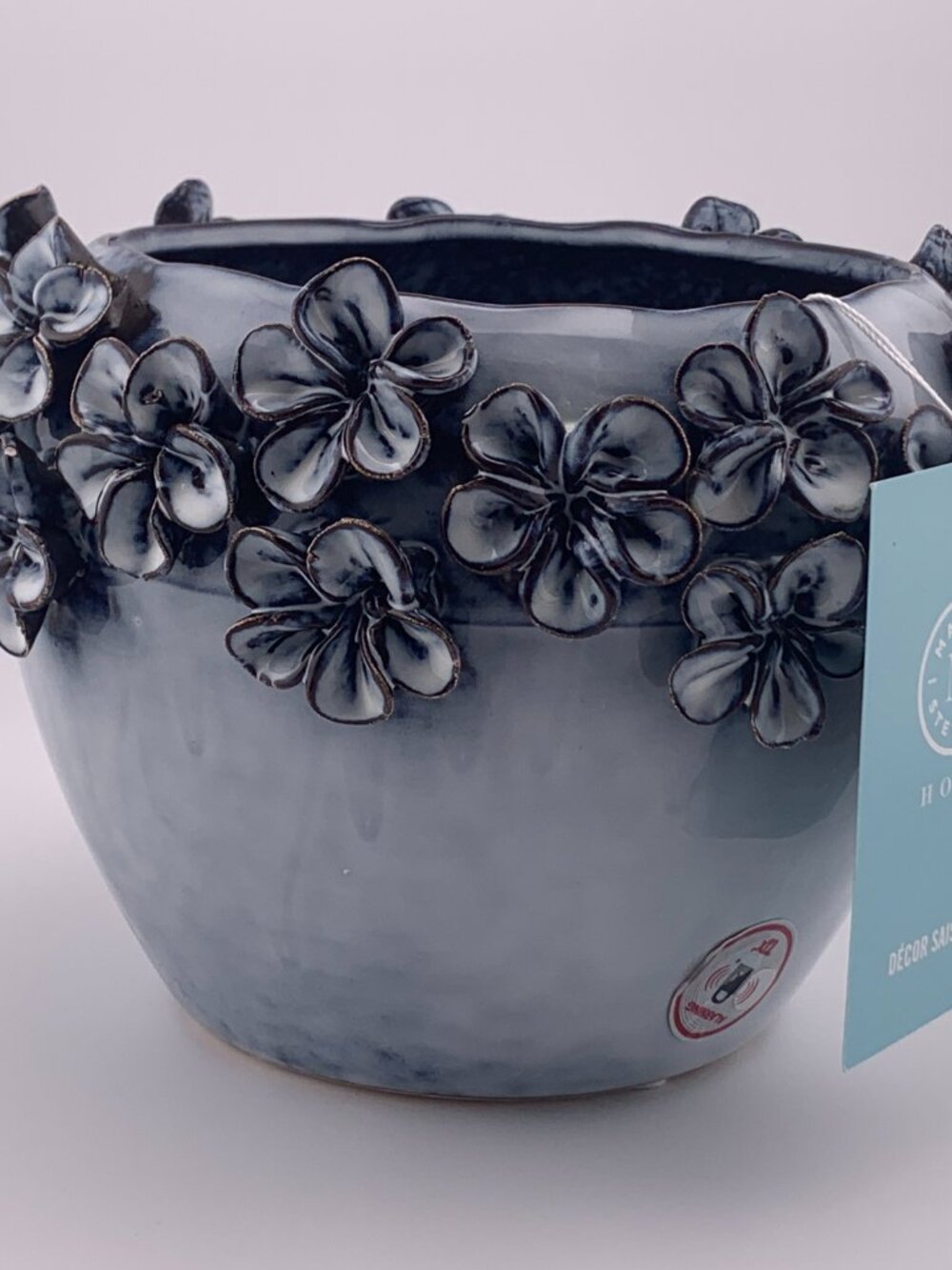 Martha Stewart Home Blue Gray Ceramic Floral Planter Pot 8" Round Unique 3D New